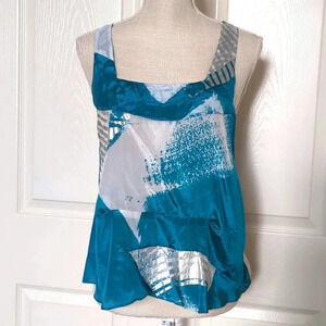 Chloe France Designer Women’s Silk Metallic Blouse Tank Aqua Fresh